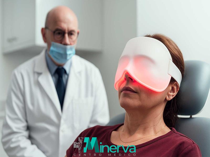 Paziente con maschera facciale per la fotobiomodulazione agli occhi, seduta su poltrona del dottore
